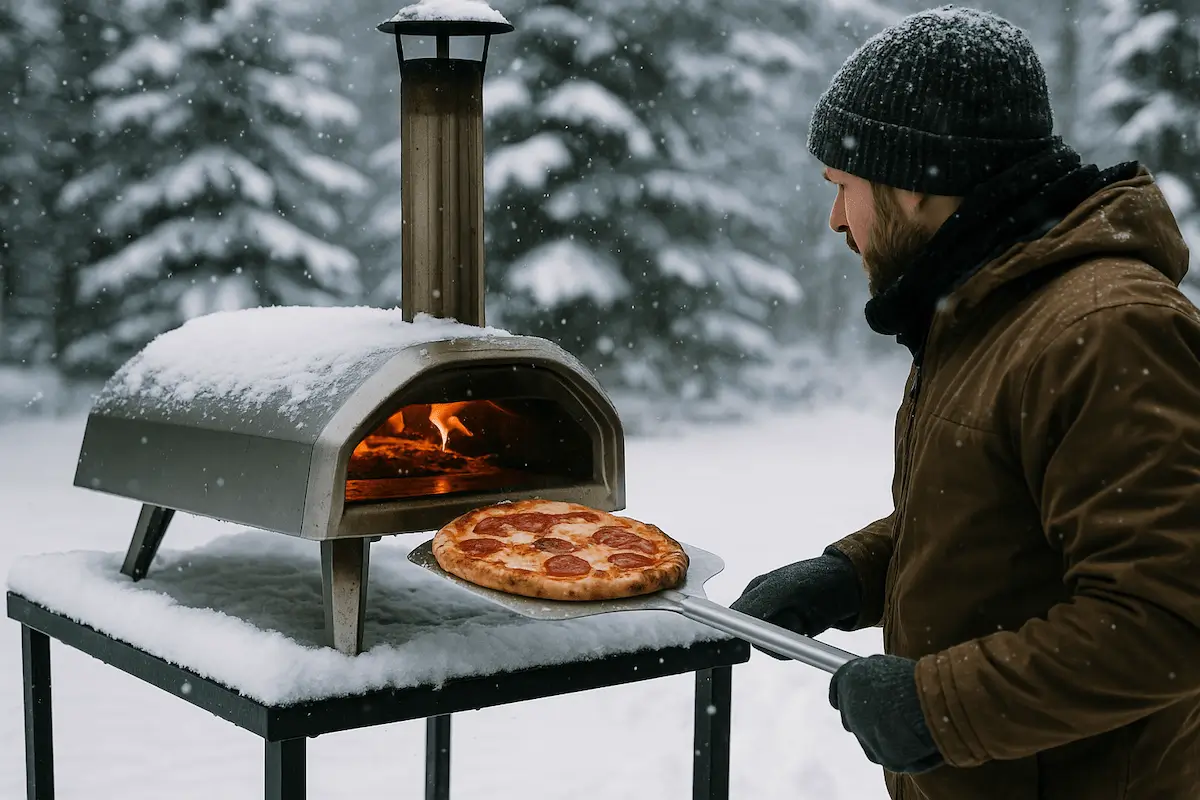 Homme utilisant un four à pizza en extérieur sous la neige, avec une pizza prête à enfourner et des arbres enneigés en arrière-plan.